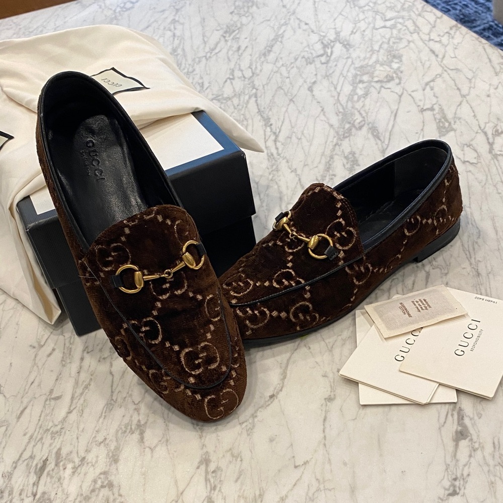 Gucci Brown Velvet Loafers with Gold Accent